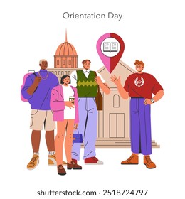 Freshman Year concept. A diverse group of students gathers for Orientation Day at university. First steps in higher education, campus life initiation. Vector illustration.