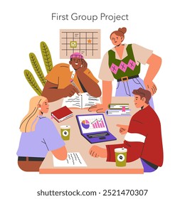 Freshman Year concept. Diverse students collaborating on a group project, engaging in academic discussion around a laptop. Vector illustration.