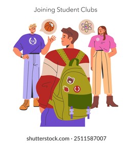 Freshman Year concept. Engaging in campus life with student clubs, featuring diverse interests from sports to science. College social experience. Vector illustration.