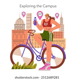 Freshman Year concept. A new student explores the diverse university campus on a bike, ready to embrace college life. Orientation day adventures. Vector illustration.