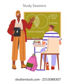 Freshman Year concept. A student attending a college math class with a professor teaching algebra. Academic study session, chalkboard equations. Vector illustration.