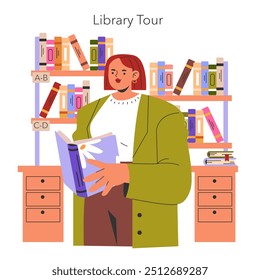 Freshman Year concept. A student explores the library during orientation. College life introduction, academic resources. Vector illustration.