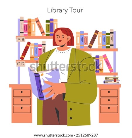 Freshman Year concept. A student explores the library during orientation. College life introduction, academic resources. Vector illustration.