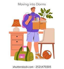 Freshman Year concept. A student relocates to college dorms, balancing boxes and bags, embarking on a new academic adventure. Vector illustration.