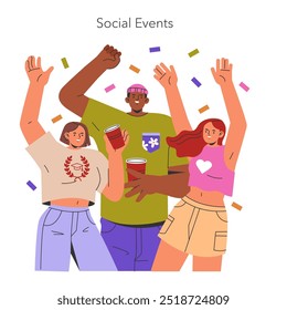 Conceito de Ano Fresco. Estudantes celebrando juntos, capturando a alegria e a comunidade dos eventos sociais universitários. Juventude, amizade e festividades. Ilustração vetorial.