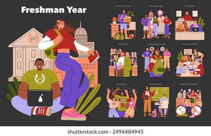 Freshman Year concept. A visual narrative of a student's first college experiences from dorm move-in to social life. Vector illustration.