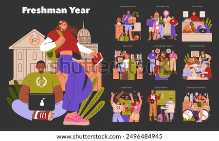 Freshman Year concept. A visual narrative of a student's first college experiences from dorm move-in to social life. Vector illustration.