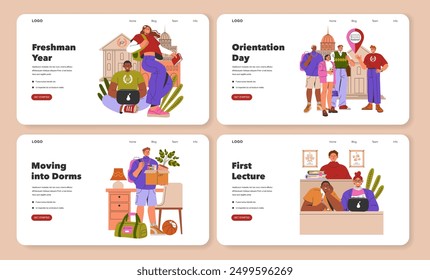 Freshman Year set. College life begins with studying, friends, and dorm move-in. Campus introduction, academic preparation, and new social circle. Vector illustration.