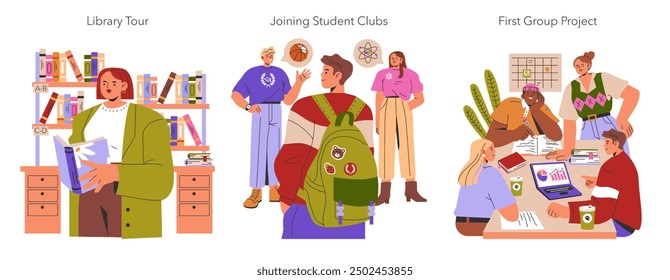 Freshman Year set. College students experiencing a library tour, joining clubs, and collaborating on a project. Transition to university life. Vector illustration.