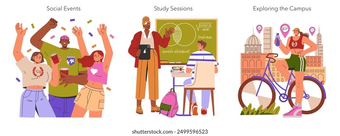 Freshman Year set. Diverse students enjoying social events, engaging in study sessions, and exploring the campus. College life diversity. Vector illustration.