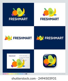 FreshMart logo. Letters, different fruits and berries in a round badge. 
