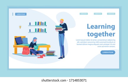 Freshmen Learning Together in College Dormitory Room. Girl Sitting on Floor with Backpack, Polka-Dotted Slippers and Book, and Reading. Her Friend Bringing More Guide. Landing Page with Copy Space.