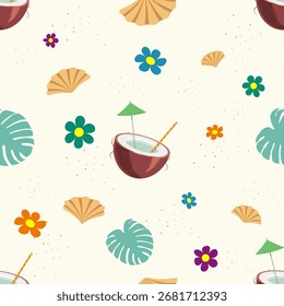 Patrón de verano de coco fresco con flores