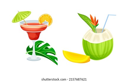 Freshness drinks set. Exotic tropical cocktail cartoon vector illustration