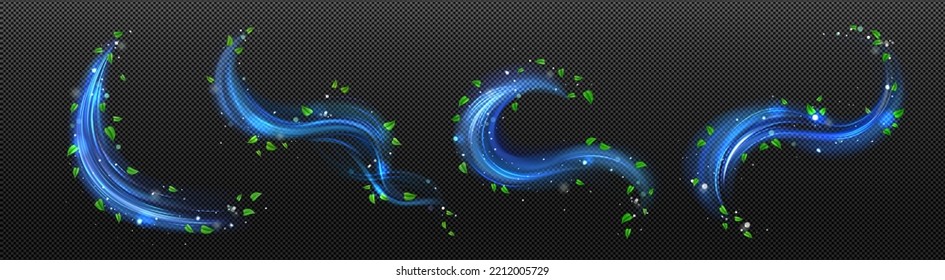 Freshness effect, blue air or wind flow with green leaves. Glow waves and swirls, wand trails, fresh menthol breath or detergent isolated on transparent background, Realistic 3d vector illustration