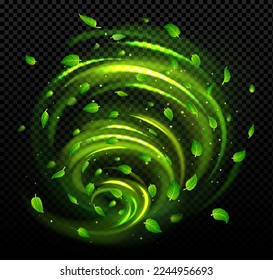 Freshness effect, green air, twist wind flow with green leaves. Glow vortex swirls, wand trail, fresh green tea breath or detergent isolated on transparent background, Realistic 3d vector illustration