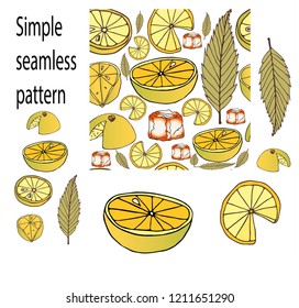 freshness of fruit cut slices of lemon and green leaf with a piece of ice in seamless pattern in vector picture