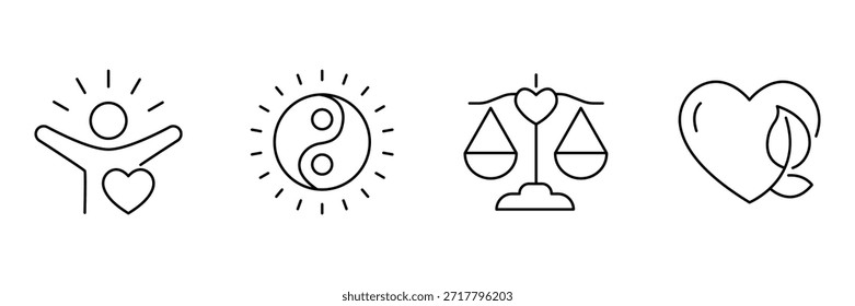 Conjunto de iconos de armonía de frescura, persona de corazón feliz, equilibrio brillante yin yang, escalas de justicia de amor, ilustración de corazón de naturaleza ecológica.