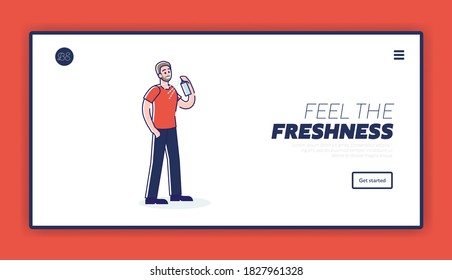 Freshness and hygiene landing page template with man applying spray deodorant for bodycare and fresh smell. Body care concept. Cartoon linear vector illustration