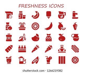  freshness icon set. 30 filled freshness icons. Simple modern icons about  - Juice, Diary product, Banana, Water dispenser, Lemonade, Fountain, Mangosteen, Lemons, Carrot, Mouthwash