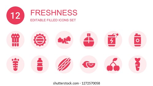 freshness icon set. Collection of 12 filled freshness icons included Asparagus, Bottle cap, Carrot, Parfume, Energy drink, Cologne, Hotdog, Lemon, Cherry