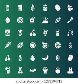 freshness icon set. Collection of 36 filled freshness icons included Fountain, Mangosteen, Carrot, Cherry, Lemonade, Potato, Hotdog, Banana, Pineapple, Mint, Juice, Bottle cap