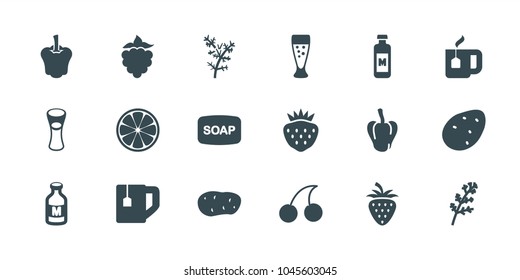 Freshness icons. set of 18 editable filled freshness icons: potato, deel, pepper, cherry, soap, tea cup, milk glass, strawberry, milk, mulberry
