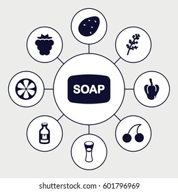 freshness icons set. Set of 9 freshness filled icons such as potato, mulberry, deel, pepper, Cherry, Soap, milk glass, lemon