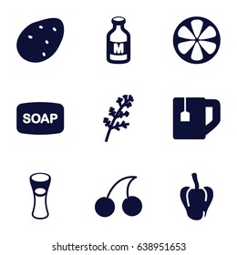 Freshness icons set. set of 9 freshness filled icons such as potato, deel, pepper, cherry, soap, tea cup, milk glass, lemon