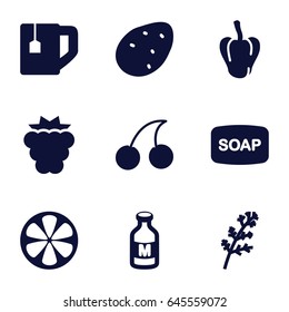 Freshness icons set. set of 9 freshness filled icons such as potato, mulberry, deel, pepper, cherry, soap, tea cup, lemon