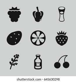 Freshness icons set. set of 9 freshness filled icons such as potato, mulberry, deel, pepper, cherry, milk glass, strawberry, lemon