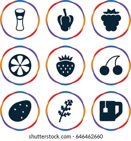 Freshness icons set. set of 9 freshness filled icons such as potato, mulberry, deel, pepper, cherry, tea cup, milk glass, strawberry