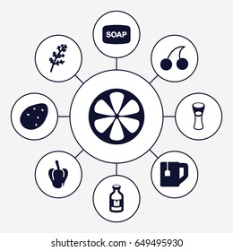 Freshness icons set. set of 9 freshness filled icons such as potato, deel, pepper, cherry, soap, tea cup, milk glass, lemon