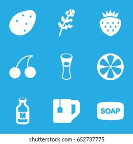 Freshness icons set. set of 9 freshness filled icons such as potato, deel, cherry, soap, tea cup, milk glass, strawberry, lemon