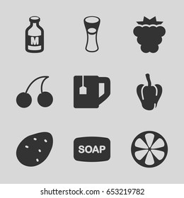 Freshness icons set. set of 9 freshness filled icons such as potato, mulberry, pepper, cherry, soap, tea cup, milk glass, lemon