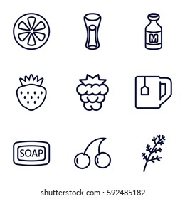 freshness icons set. Set of 9 freshness outline icons such as mulberry, deel, Cherry, Soap, tea cup, milk glass, strawberry, lemon