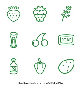 Freshness icons set. set of 9 freshness outline icons such as potato, mulberry, deel, pepper, cherry, soap, milk glass, strawberry