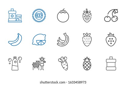 freshness icons set. Collection of freshness with mouthwash, pineapple, carrot, lemonade, strawberry, bananas, lemon, banana, cherry, mangosteen. Editable and scalable freshness icons.