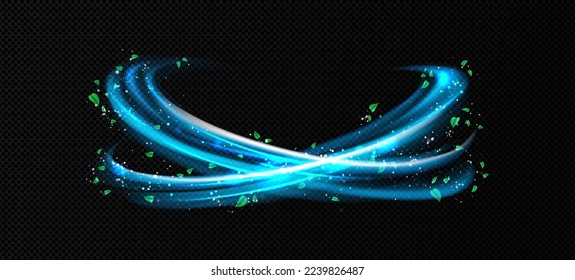 Freshness light effect, blue air or wind vortex flow with green leaves. Glow swirl trail, fresh menthol breath or detergent isolated on transparent background, Realistic 3d vector illustration