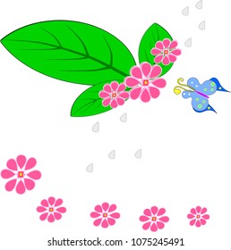 Freshness nature view illustration vector,branch pink flower ,green leave, blue butterfly,with water dropped cute pattern