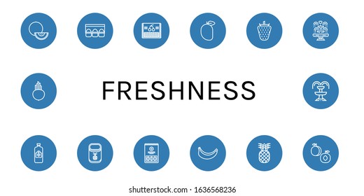 freshness simple icons set. Contains such icons as Melon, Egg carton, Cherry, Mango, Strawberry, Fountain, Juice, Pineapple, Watermelon, Banana, can be used for web, mobile and logo
