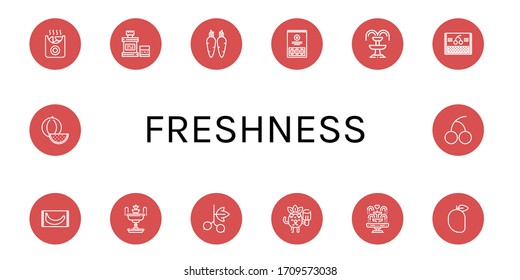 freshness simple icons set. Contains such icons as Potatoes, Mouthwash, Carrot, Watermelon, Fountain, Cherry, Banana, Blackcurrant, Popsicle, can be used for web, mobile and logo