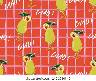 Freshness Summer cocktail on grid line Seamless pattern vector Illustration , Design for fashion , fabric, textile, wallpaper , wrapping and all prints 