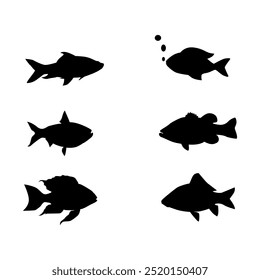 Freshwater black fish silhouettes white background