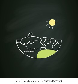 Freshwater chalk icon. Water except seawater and brackish water. Living place for fish, crawfish, beaver. Riverscape. Isolated vector illustration on chalkboard