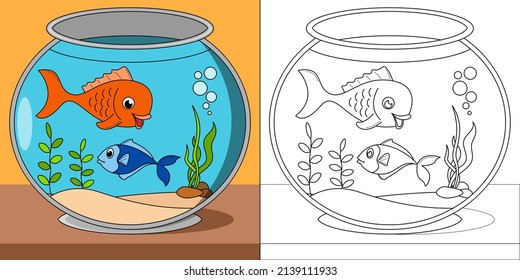 Freshwater fish in aquarium tank suitable for children's coloring page vector illustration