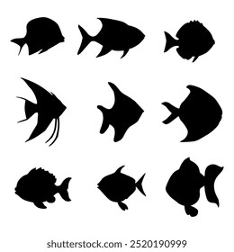 Freshwater fish black silhouettes white background