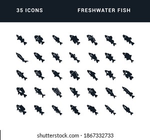 Freshwater Fish. Collection of perfectly simple monochrome icons for web design, app, and the most modern projects. Universal pack of classical signs for category Food and Drinks.