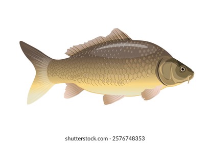 Freshwater fish common carp, side view close up. Vector illustration isolated on a white background.