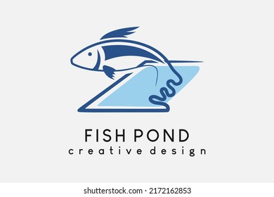 Freshwater fish farmer logo design, breeder or fish farming. Fish jumping over the pond with creative line art concept
